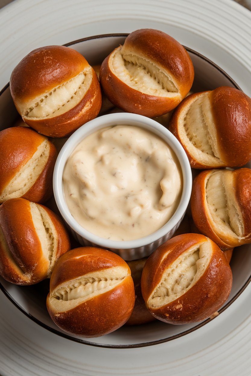 Indoor photo of soft pretzel bites in a bowl next to a small ramekin of creamy beer cheese dip. No text or logos.