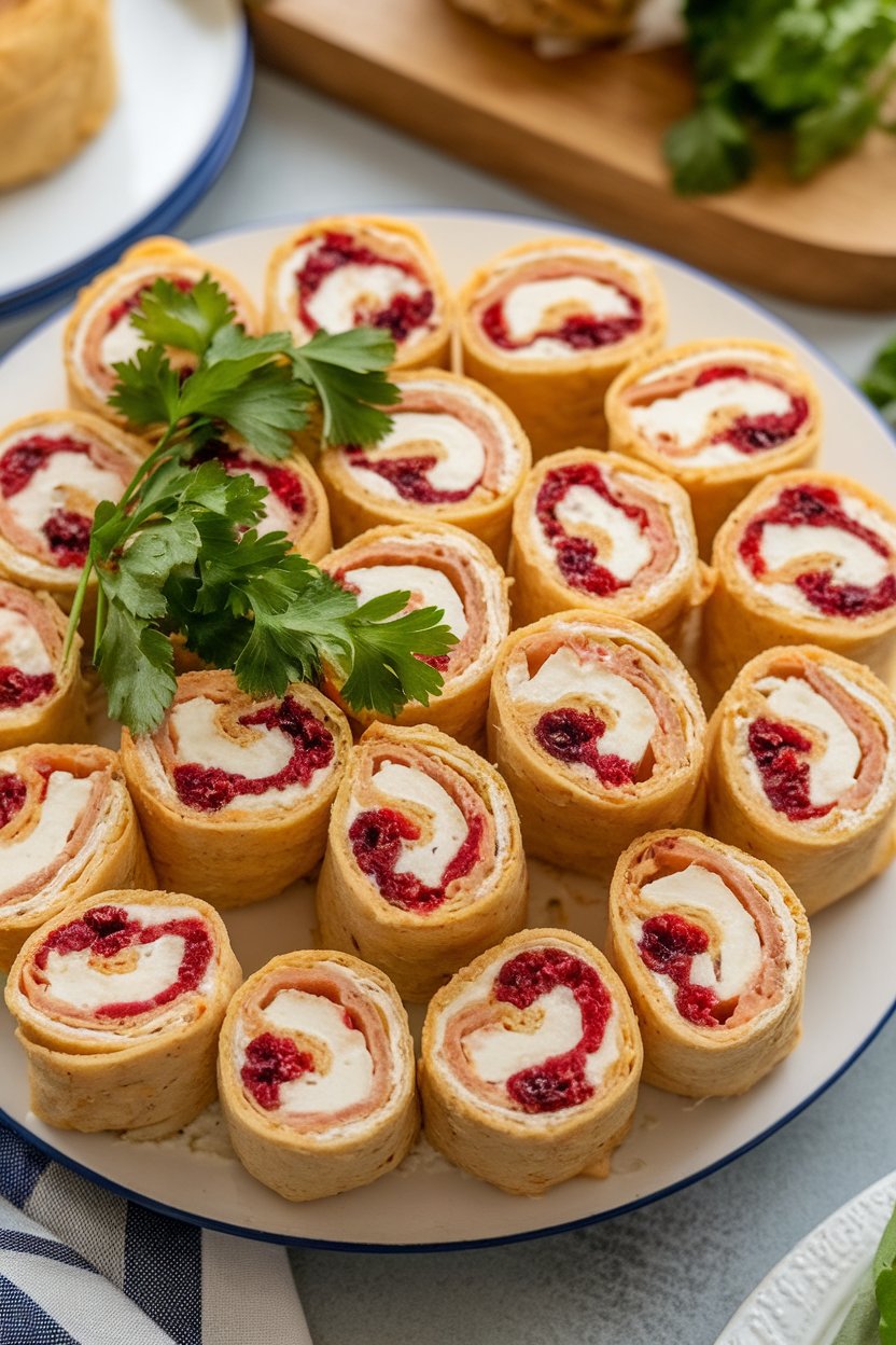 An indoor platter of tortilla roll-ups with turkey, cream cheese, and cranberry spread visible in cross-section, no logos or text.