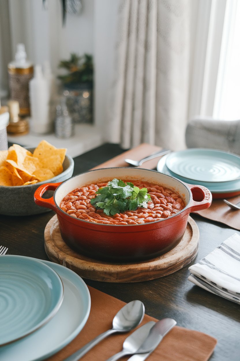 Photo of an indoor dining table with a small Dutch oven filled with warm ranchero bean dip topped with fresh cilantro. No logos or text.