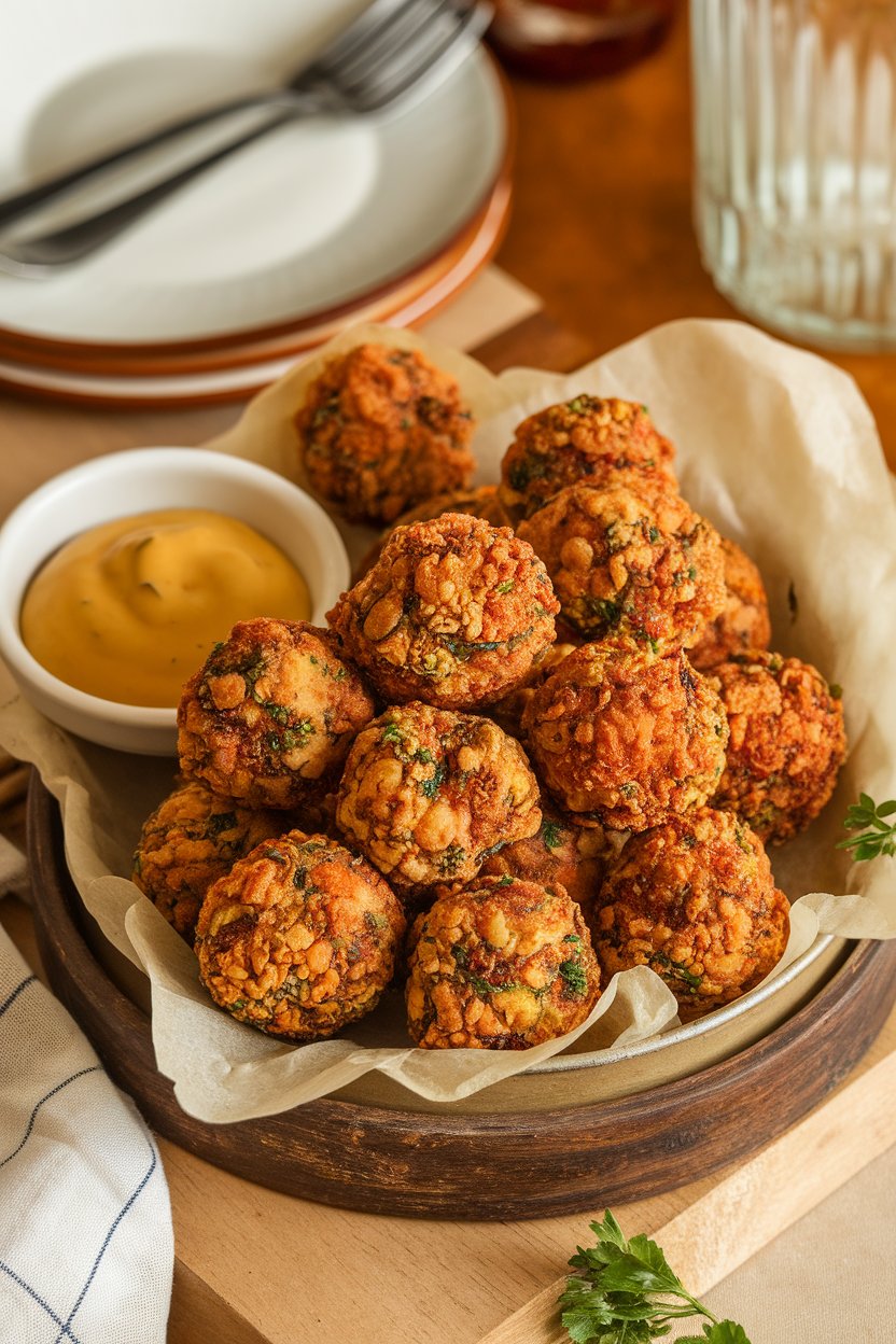 A warmly lit indoor serving board filled with crispy fried boudin balls resting on parchment, a small bowl of Creole mustard dipping sauce nearby. No text or logos present.