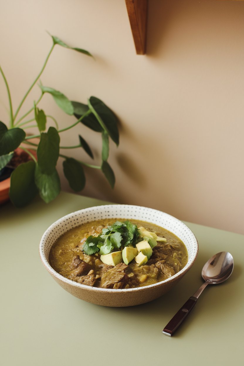 Indoor table scene with a bowl of green-hued beef stew topped with diced avocado and cilantro. No text or logos. Photo.