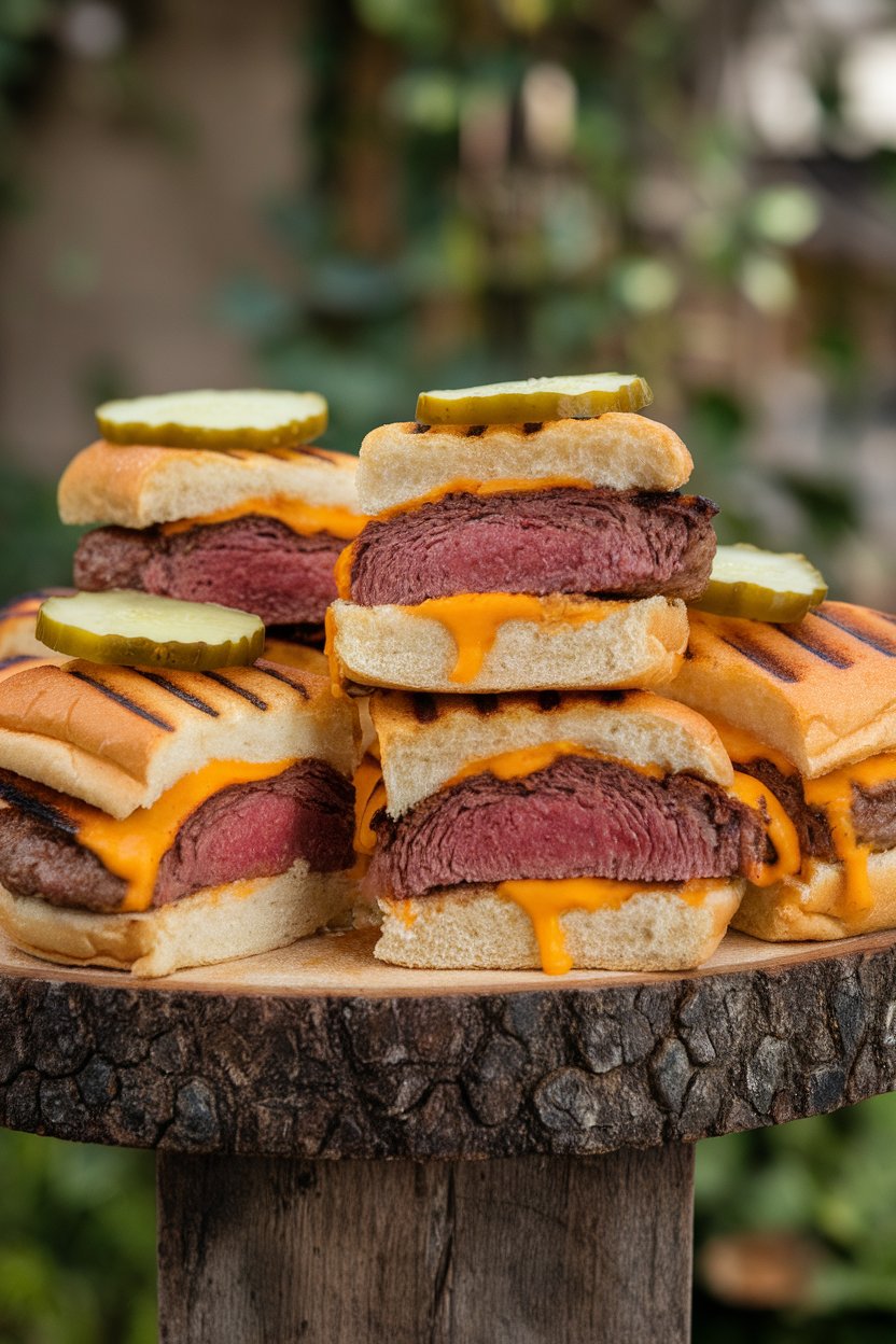 An indoor serving board stacked with small beef patties on toasted slider buns, melted cheddar oozing over the edges, pickle slices visible. No logos or text.