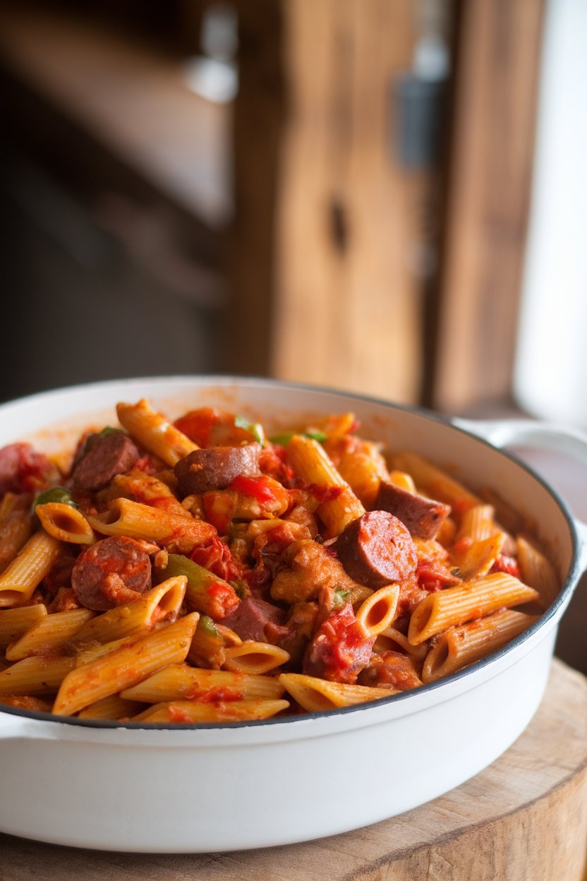 Indoor pot showing penne pasta cooked jambalaya-style with chicken, sausage, and vegetables, sauce clinging to noodles. Photo, no text or logos.