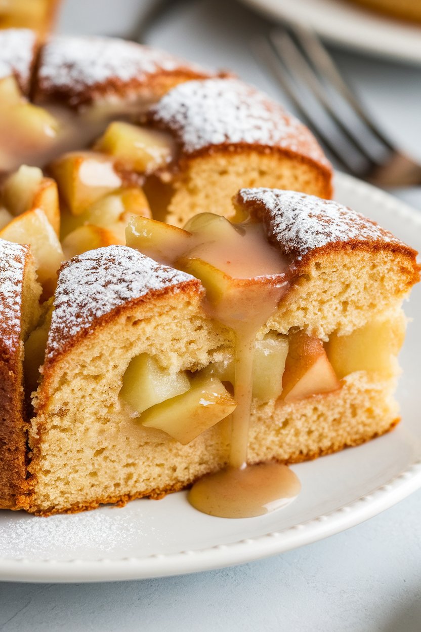 Photo indoors of a cake slice showing diced pear filling and spiced glaze; no text or logos.