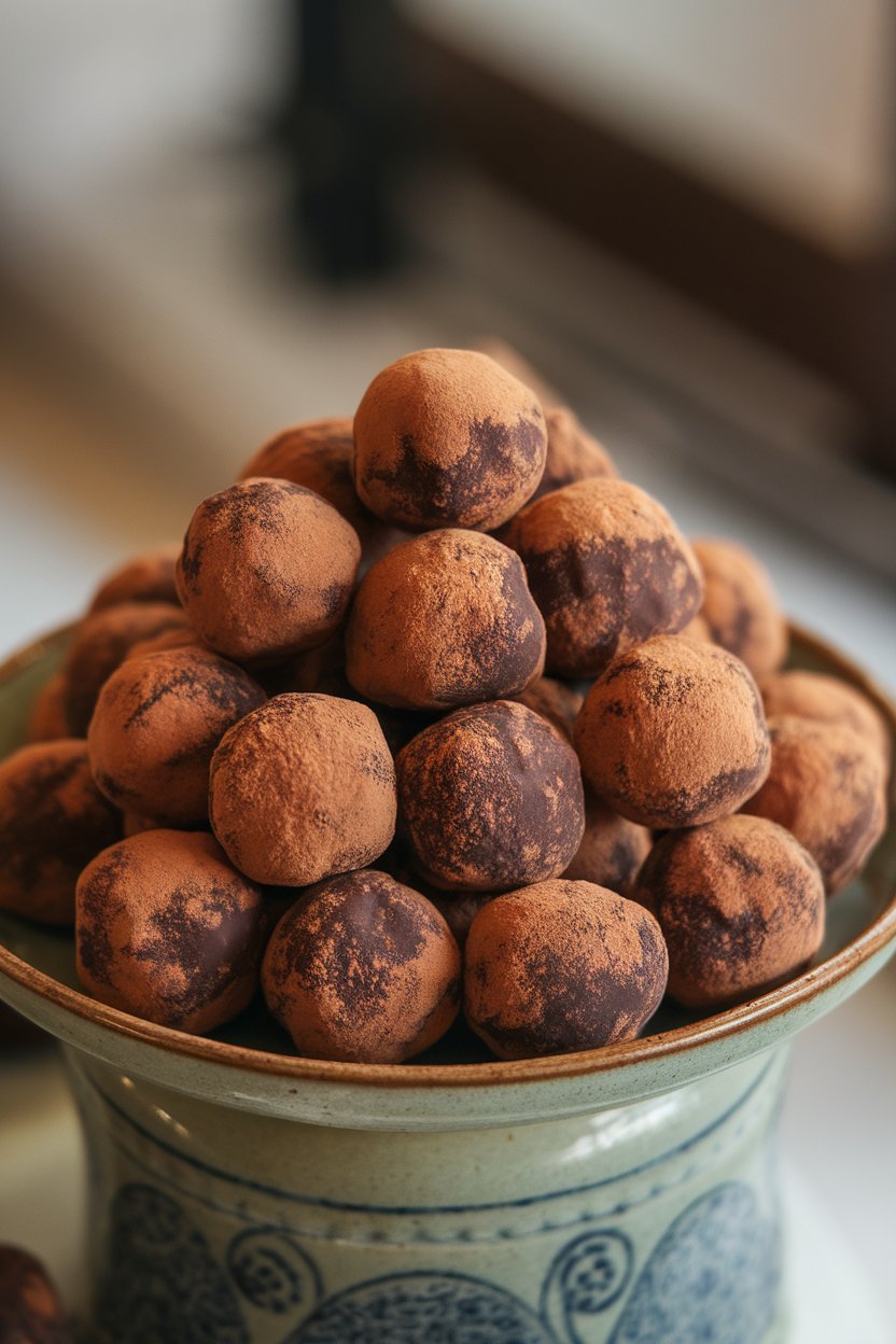 An indoor ceramic plate piled with cocoa-dusted chocolate truffles, a slight sheen indicating creamy centers, no text or logos. Photo only.