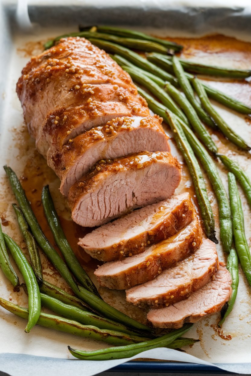 Indoor photo of sliced pork tenderloin brushed with honey-Dijon sauce, roasted green beans scattered around; parchment-lined pan, no text or logos