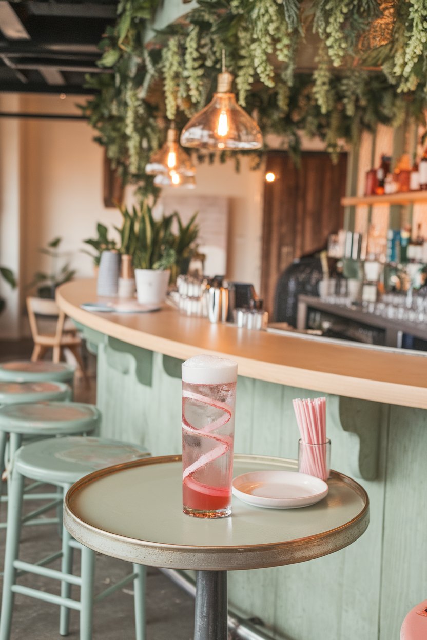 An indoor spring-themed bar with highball glass of pastel-pink fizz, rhubarb ribbon spiral inside, foam cap; photo, not illustration; no text or logos.