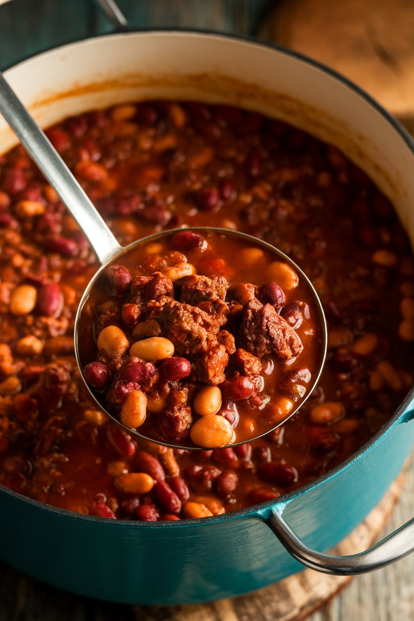 Indoor photo of hearty chili in a pot with beans, beef, and stout-dark broth, ladle resting, no text or logos
