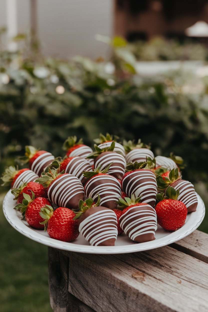 A white plate of bright red strawberries dipped in milk chocolate with white chocolate laces, displayed indoors. No text or logos; photo, not illustration.