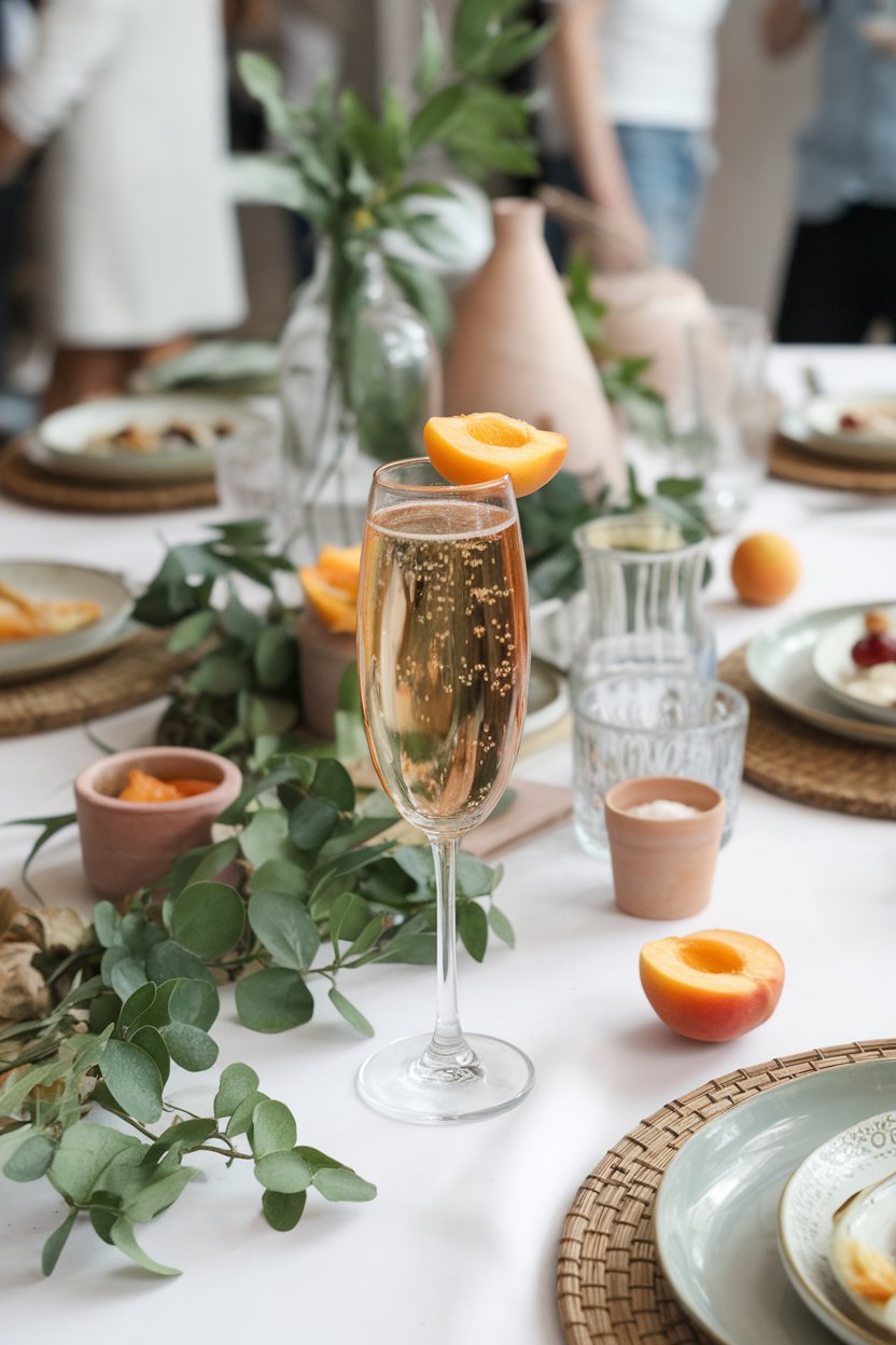 Indoor summer party table with a flute of golden apricot bubbles, small apricot half perched. No text or logos.