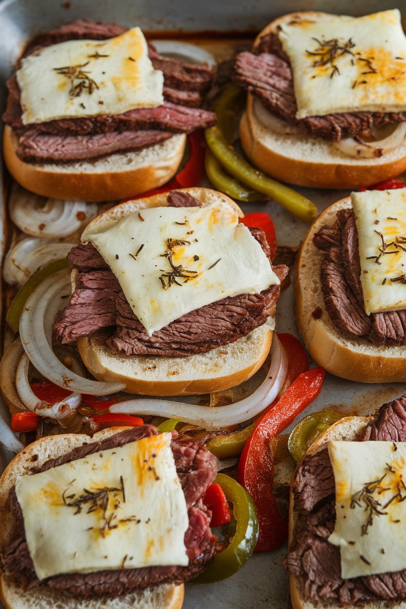 Sheet pan indoors with sliced beef, sautéed onions, bell peppers, and melted provolone over halved hoagie rolls. No logos or text.