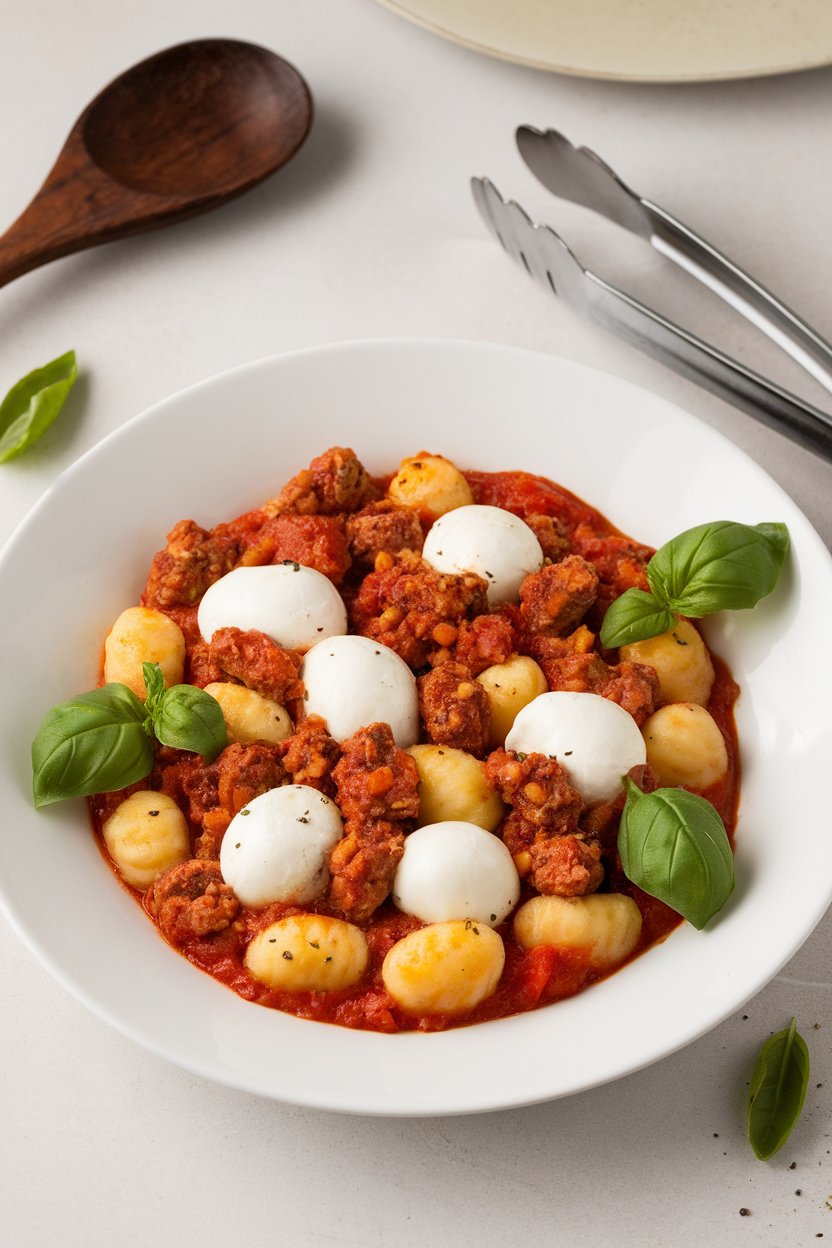Indoor photo of potato gnocchi baked in tomato sauce with crumbled Italian sausage and mozzarella pearls, cheese melted. No logos visible.