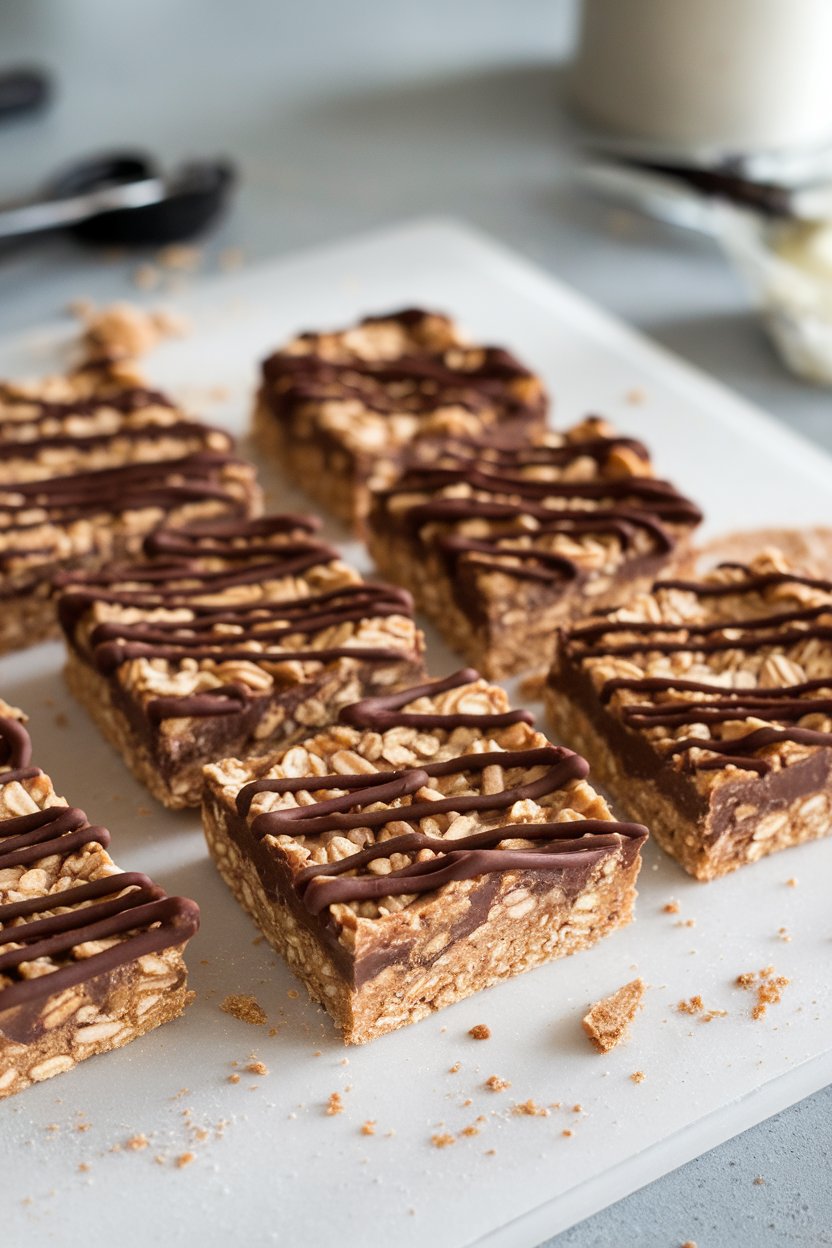 Photo prompt: Indoor cutting board with square oatmeal peanut butter bars drizzled with dark chocolate, crumbs scattered. No text or logos. Photo, not illustration.