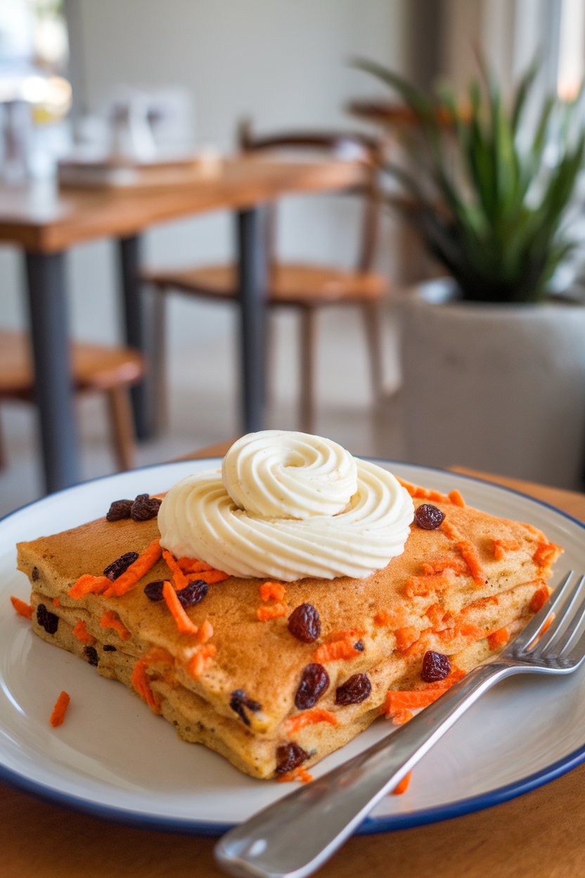 Pancake square flecked with grated carrots and raisins, topped with a swirl of cream-cheese icing, indoor brunch scene, no text or logos.