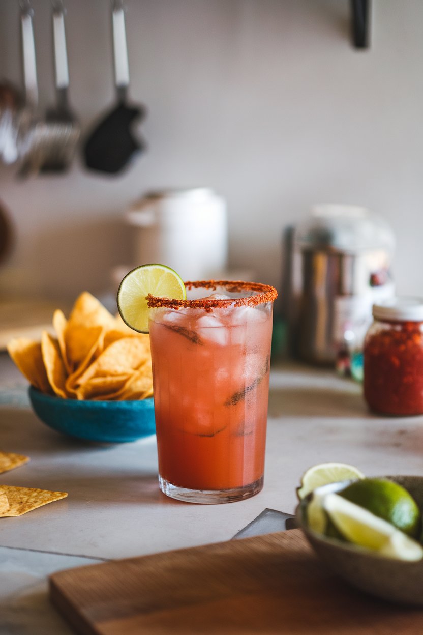 Indoor casual kitchen counter featuring a tall glass of reddish Michelada with chili-salt rim, lime wedge, no text or logos. Photo only.