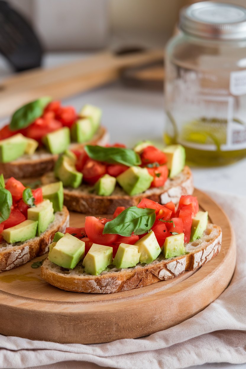 Indoor photo of whole-grain baguette slices topped with diced avocado, tomato, and basil, drizzled with olive oil. No text or logos present.