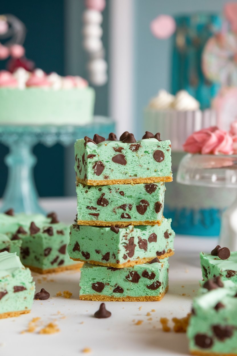 An indoor dessert table with a stack of mint-green blondie squares studded with dark chocolate chips, crumbs around the base, no text or logos. Photo only.