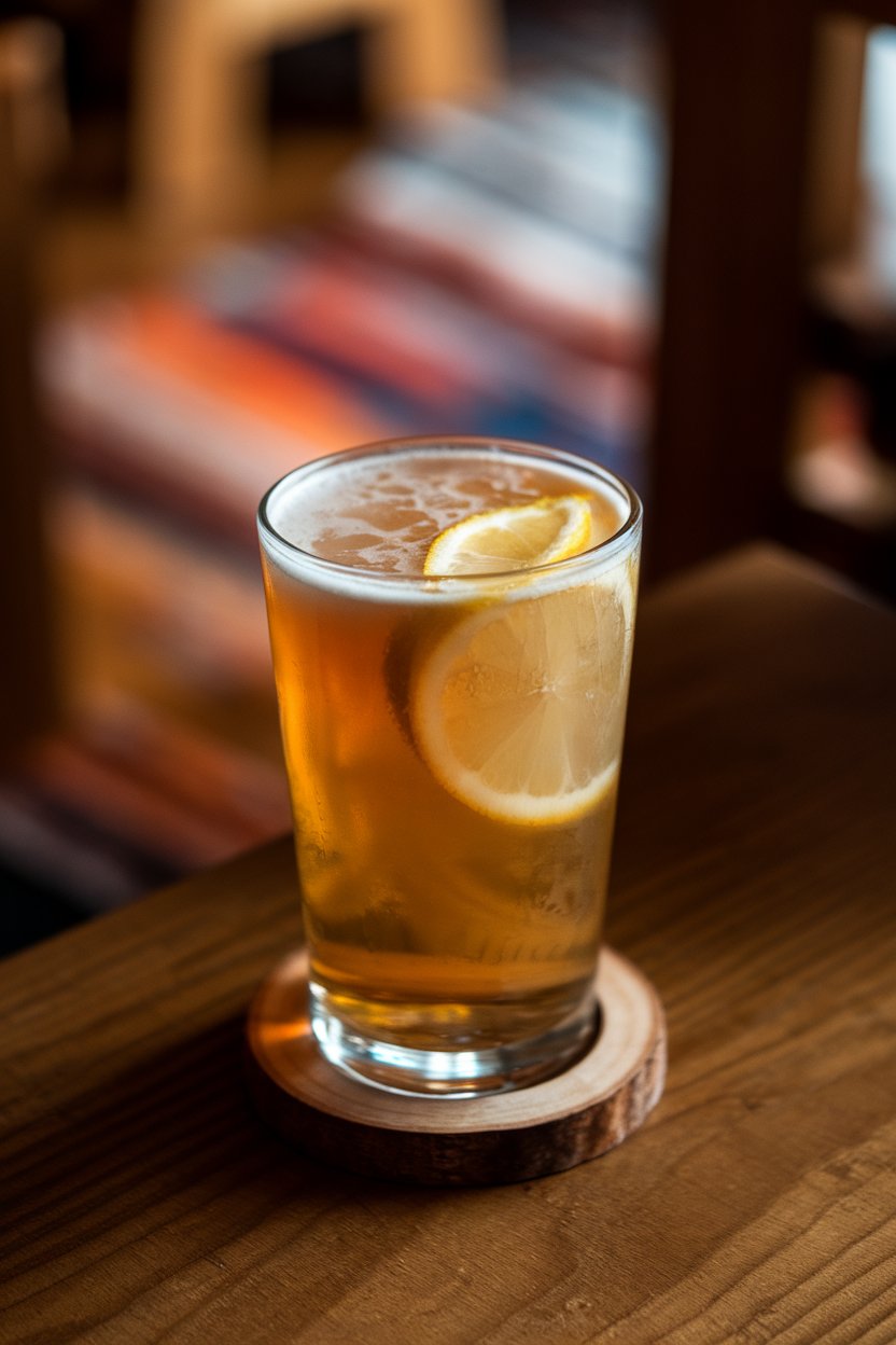 Photo of a pint glass indoors, half lager and half cloudy ginger beer, thin lemon wheel floating on top; no text or logos visible.