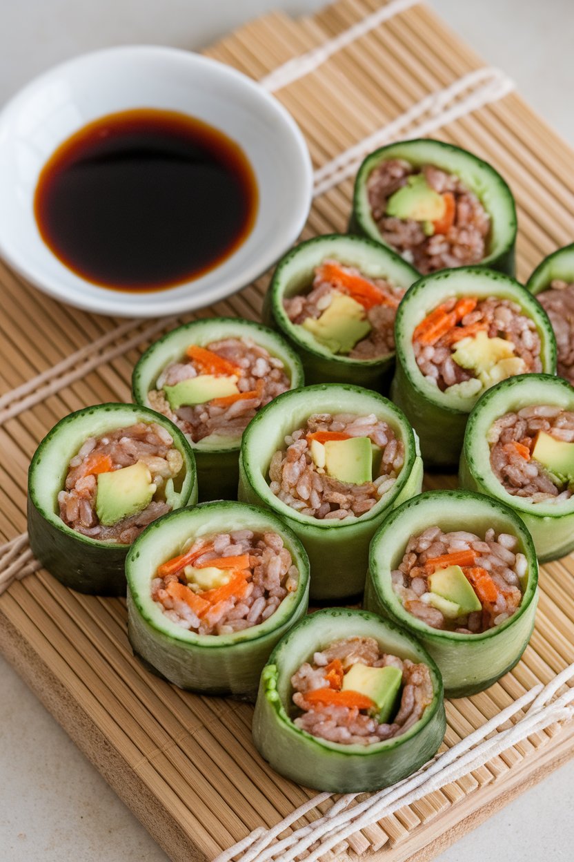 Indoor photo of sliced cucumber rolls filled with brown rice, avocado, and carrot, neatly arranged on a bamboo board with soy dipping dish. No text or logos.