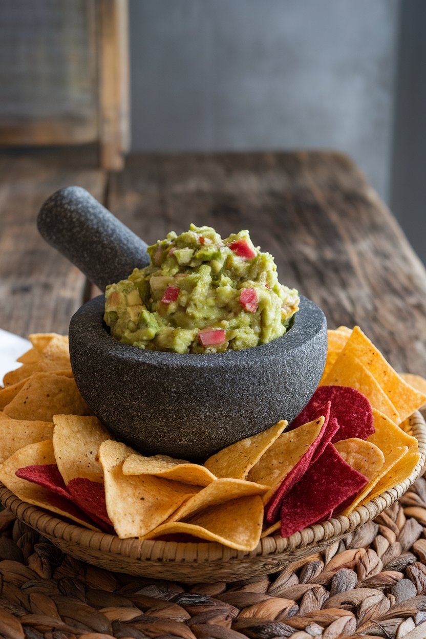 Indoor photo of a stone mortar filled with chunky guacamole, tri-color tortilla chips fanned around. No text or logos.