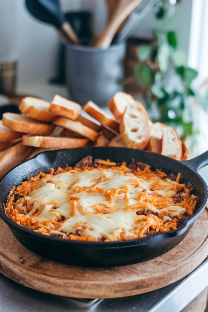Indoor photo of skillet cheesesteak dip with melted provolone on top and a pile of toasted baguette slices. No text or logos.