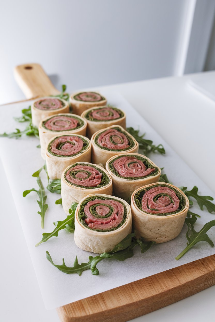 An indoor cutting board showing pinwheels of roast beef, arugula, and horseradish cream wrapped in tortillas, no text or logos.