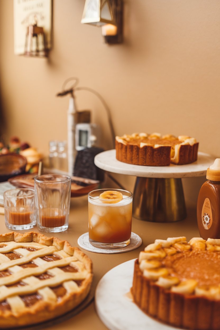 Warm indoor dessert bar with a rocks glass of caramel-colored cocktail, caramelized banana slice floating, no text or logos, photo