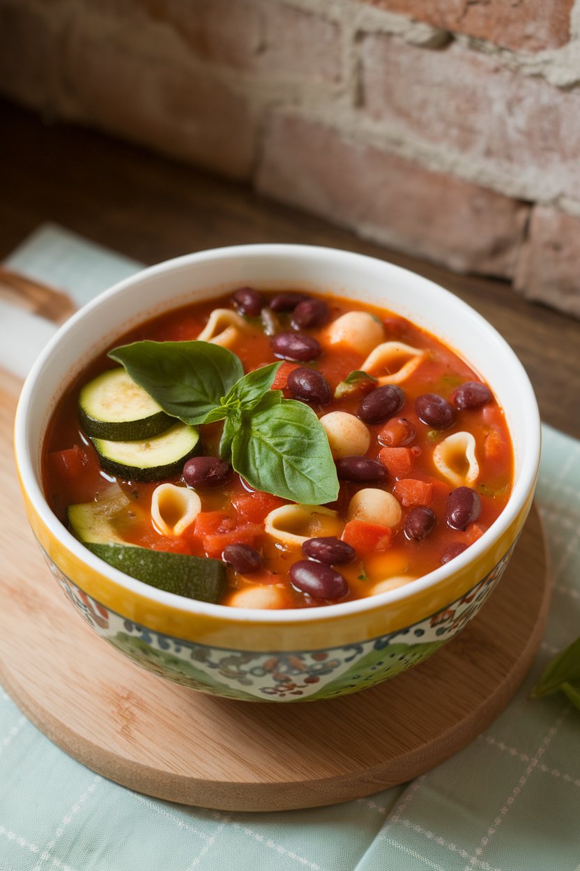 Indoor shot of a colorful bowl of minestrone with zucchini, kidney beans, diced tomatoes, and small pasta shells. No text or logos visible.