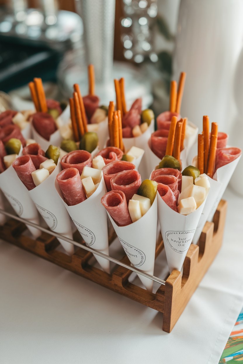 An indoor party table featuring paper cones filled with rolled salami, cubed cheese, mini pickles, and pretzel sticks, all standing upright in a wooden rack. No text or logos visible.
