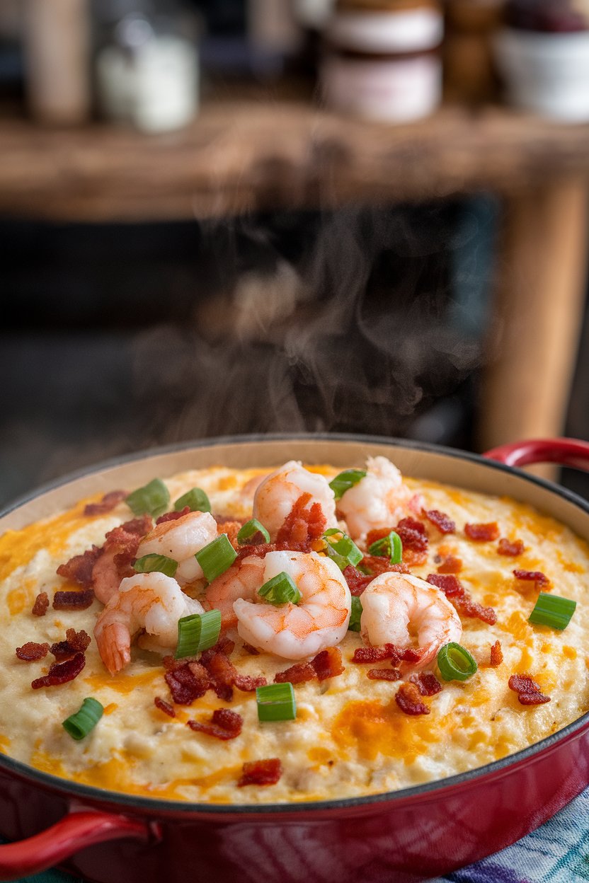 Indoor photo of creamy cheese grits topped with cooked shrimp, bacon bits, and scallions in a shallow casserole, steam rising. No text or logos anywhere.