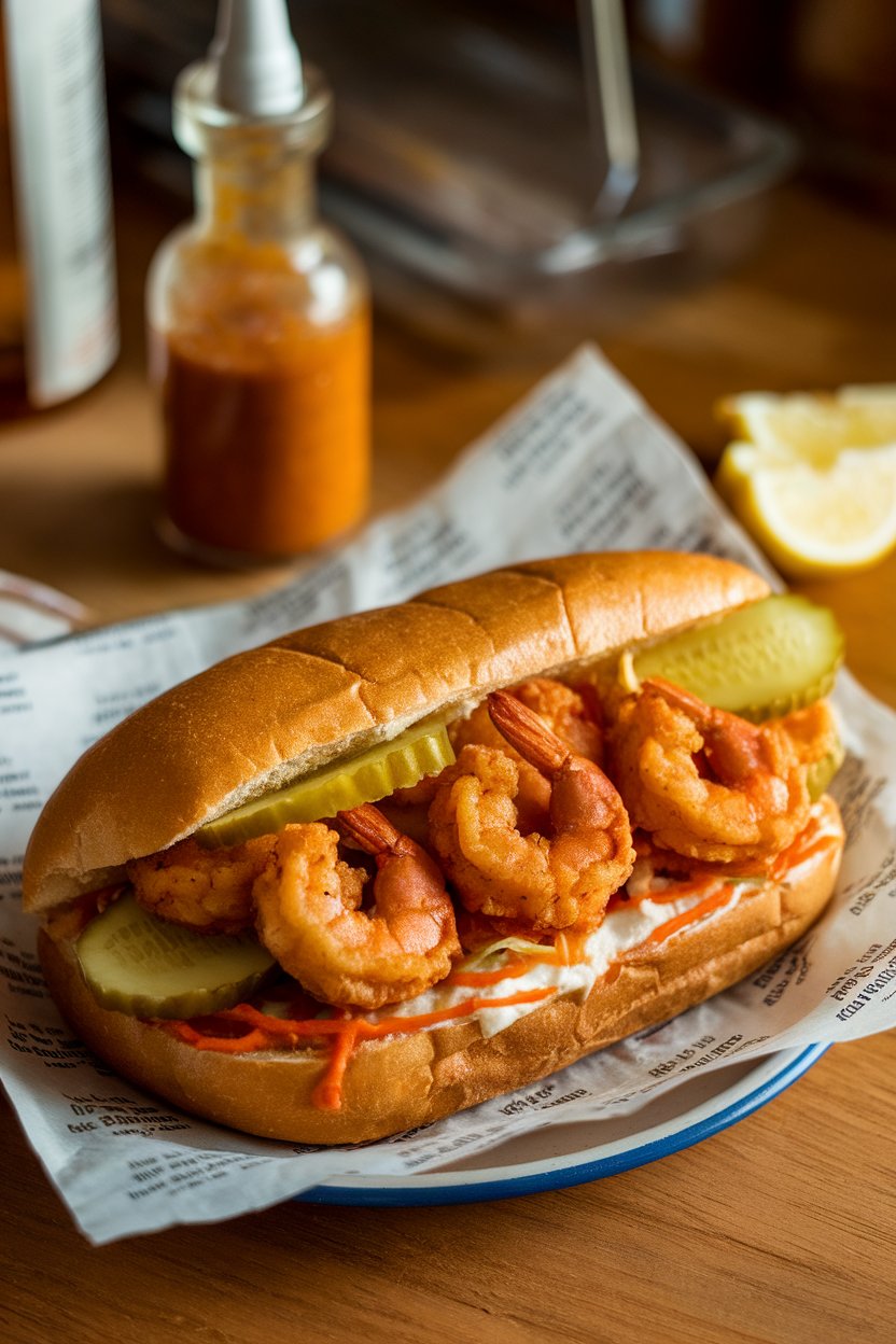 An indoor diner scene featuring a po-boy filled with crispy fried shrimp, pickles, and hot sauce, presented on butcher paper. No text or logos. Photo.