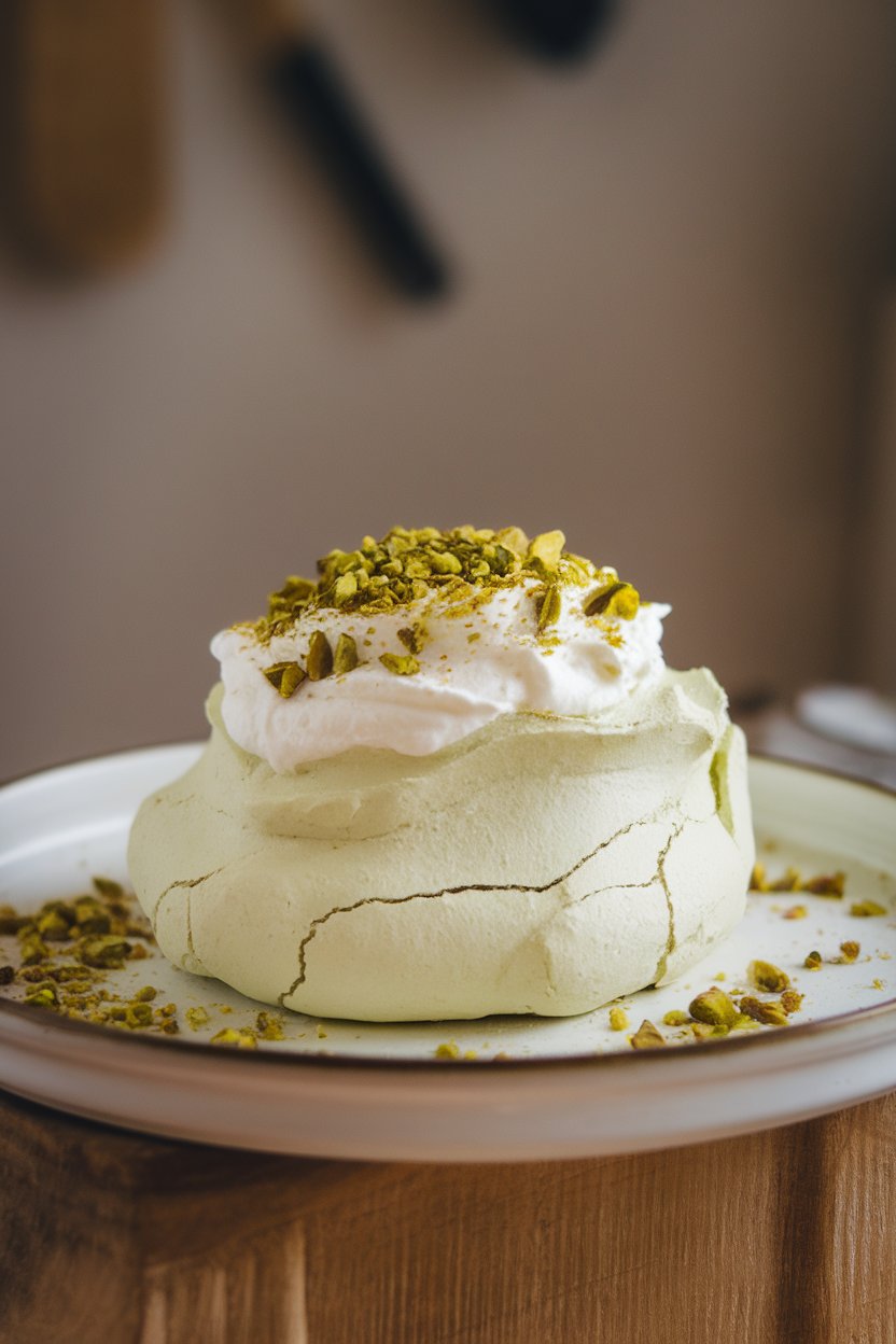 A white platter indoors showcasing a single-serve pavlova shell tinted pale green, topped with whipped cream and crushed pistachios. No text or logos.