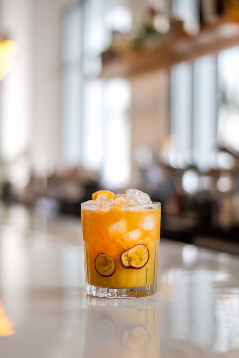 Indoor bright bar with a short glass of golden passionfruit caipiroska, visible passionfruit seeds, crushed ice, no text or logos. Photo only.