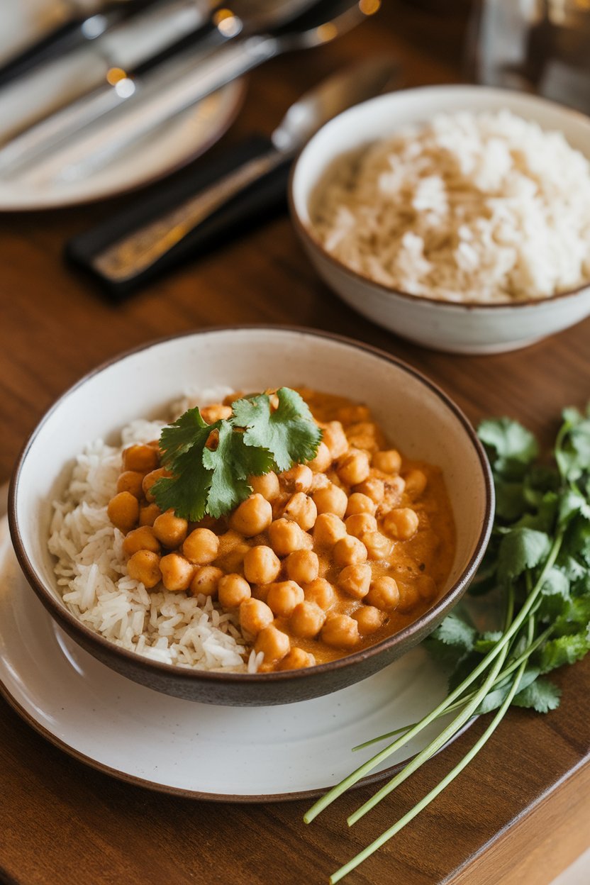 An indoor dining table with a bowl of creamy coconut curry chickpeas over jasmine rice, topped with cilantro. No text or logos. Photo only.
