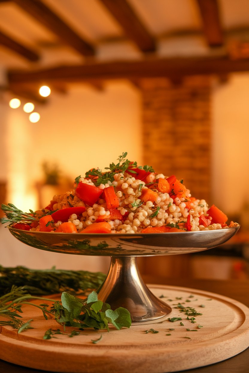 An indoor serving platter of pearled barley mixed with roasted carrots, bell peppers, and herbs, captured under warm kitchen lighting. No text or logos present.