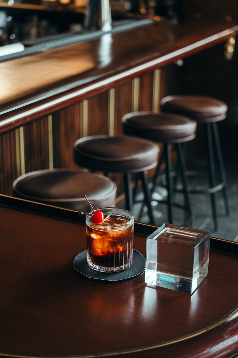 An indoor retro bar with rocks glass of cola-brown cocktail, cherry garnish, large clear cube; photo, not illustration; no text or logos.