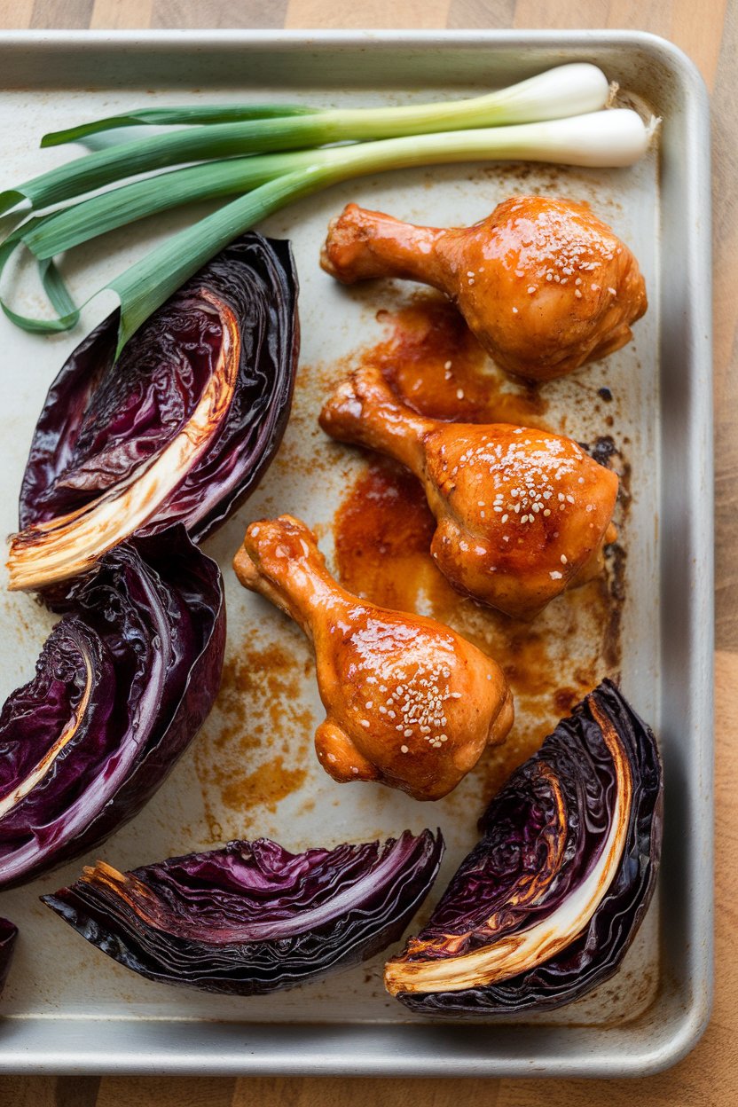 Indoor photo of glazed chicken drumsticks with sesame seeds, wedges of roasted Napa cabbage, and scallion garnish on a sheet pan; no logos