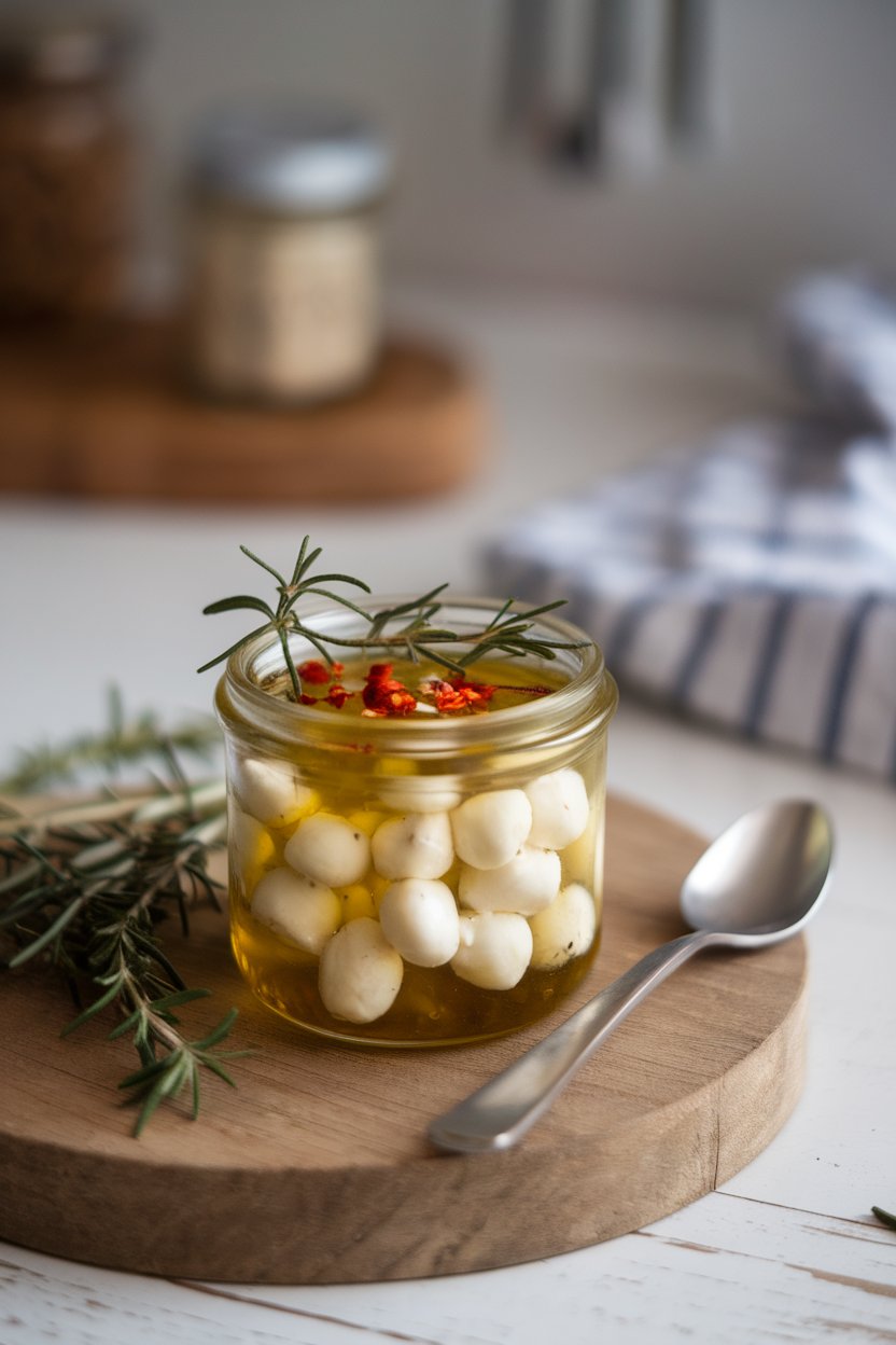 Indoor jar of tiny mozzarella pearls swimming in olive oil with herbs and chili flakes, spoon at side. Photo, no text or logos.