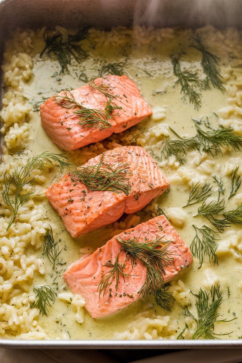 Indoor photo of flaky salmon pieces and rice in a creamy lemon-dill sauce, baked in a rectangular pan, steam visible. No logos or writing.