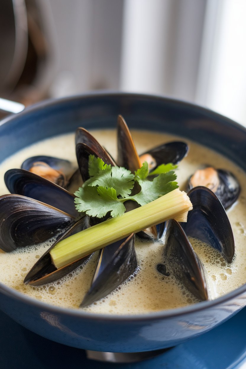 Indoor photo of black mussels in creamy coconut lemongrass broth served in a deep bowl, cilantro garnish, no text or logos