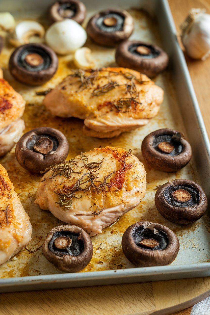 Indoor photo of Dijon-tarragon coated chicken pieces, roasted cremini mushrooms scattered nearby on a sheet pan, slight browning visible. No text or logos.