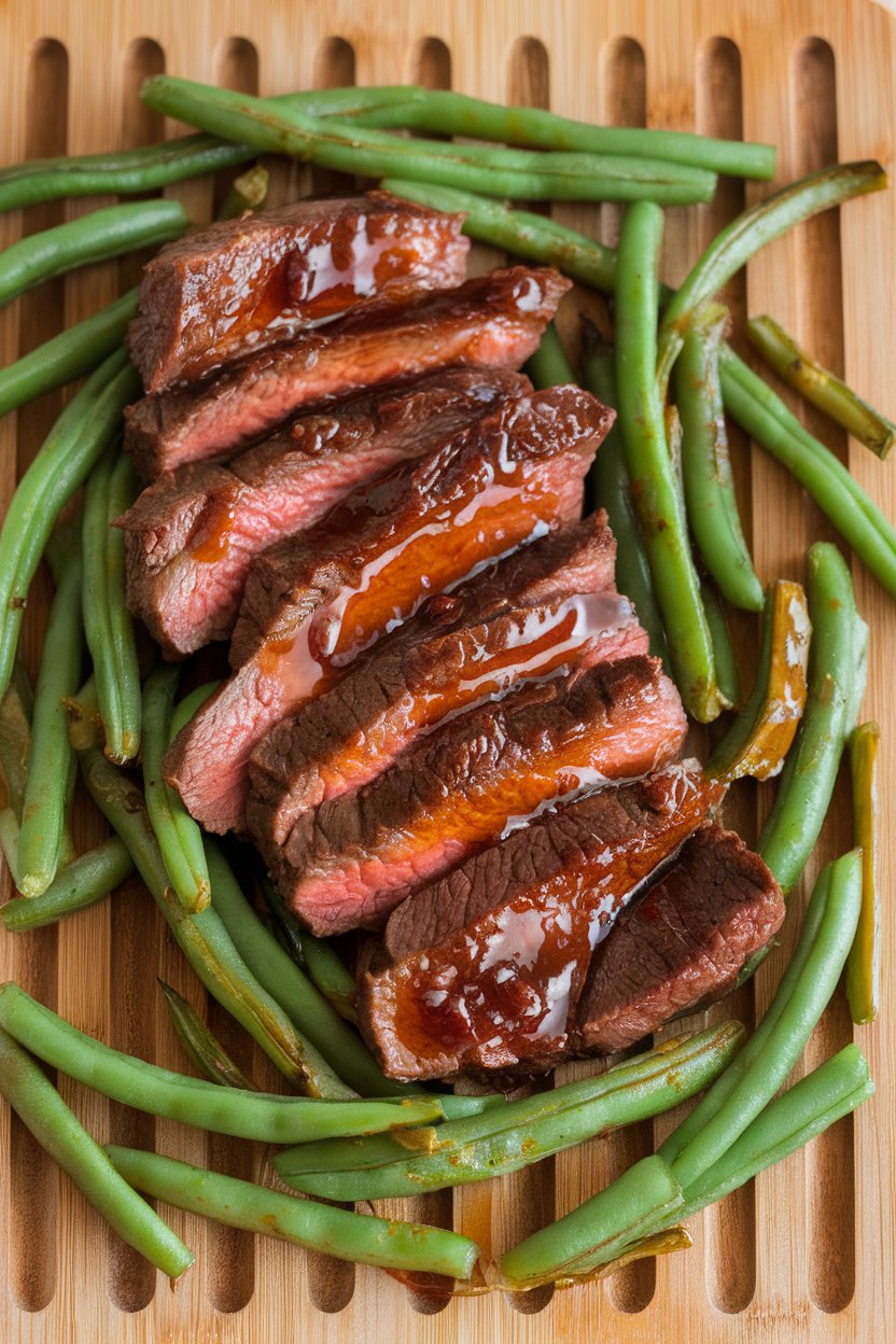 Indoor photo of steak strips and green beans roasted together with a shiny sriracha-honey glaze. No text or logos.