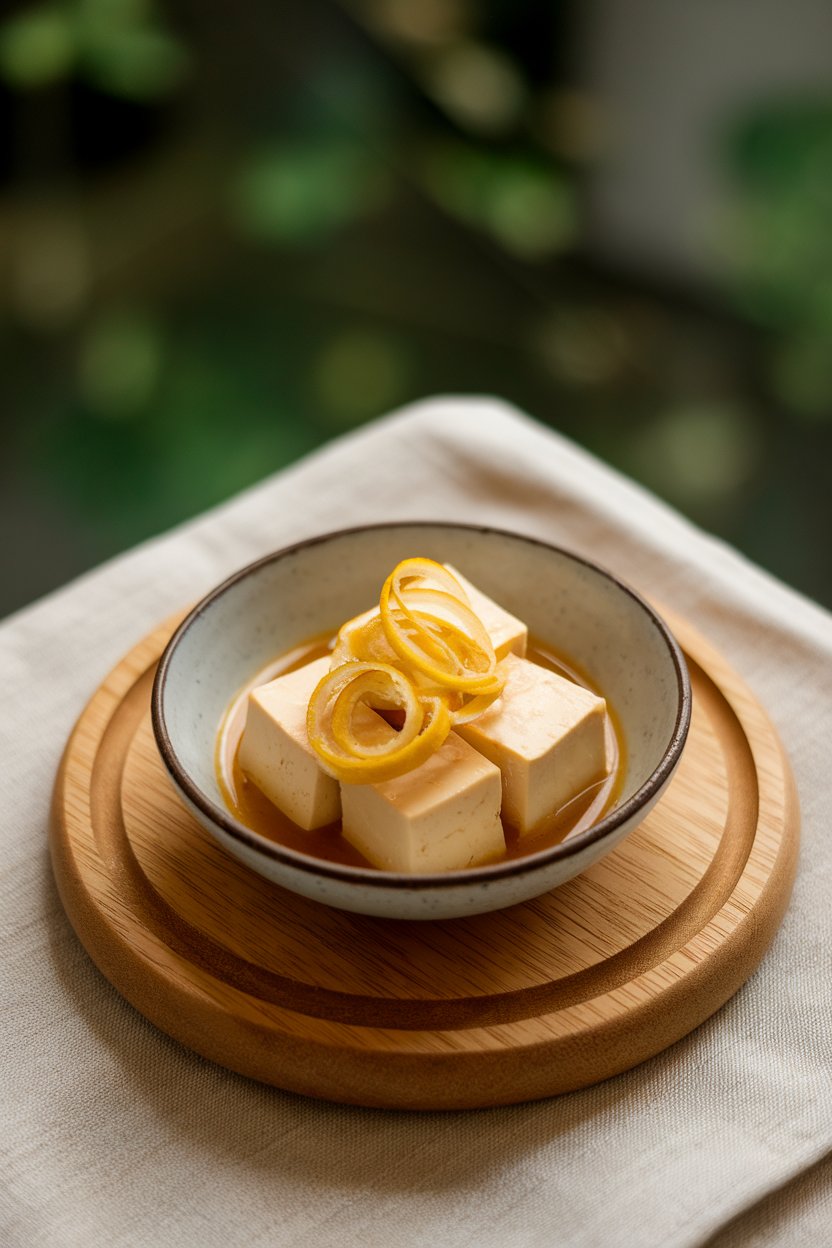 Photo prompt: Indoor small dish of tofu cubes in pale yuzu-soy marinade, thin yuzu peel curls on top. No text or logos.