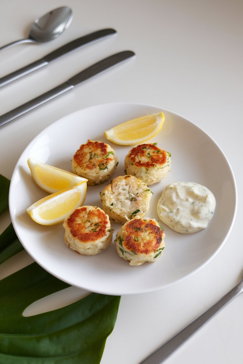 Indoor photo of small golden crab cakes on a white plate with lemon wedges and a dollop of remoulade. No text or logos. Cooked crab visible, no raw seafood.