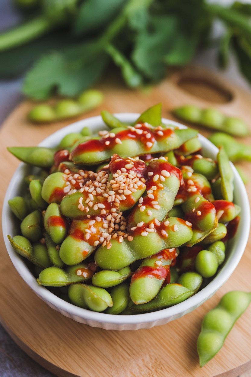 Indoor photo of a bowl of warm edamame pods tossed in chili garlic sauce, sesame seeds sprinkled on top. No text or logos.
