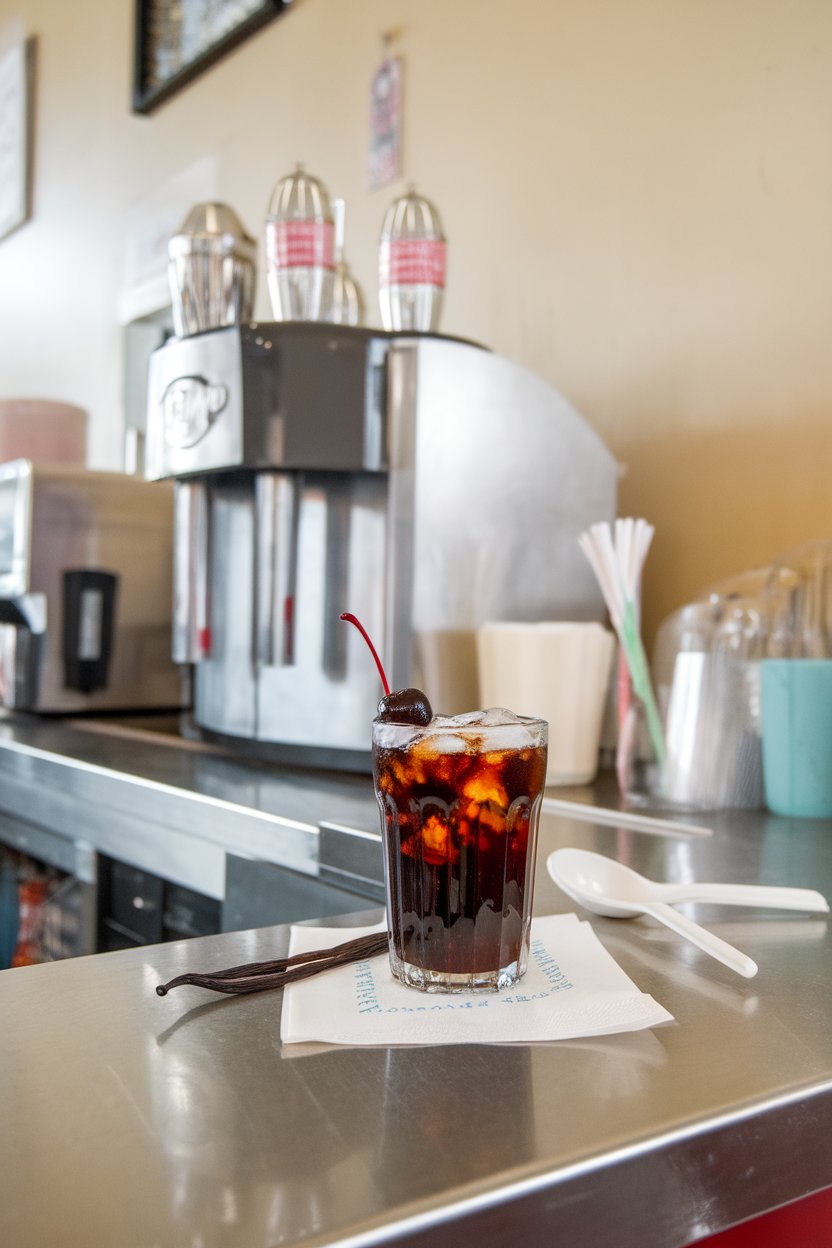 Indoor diner counter with a soda fountain glass of dark cola, maraschino cherry, vanilla bean beside. No text or logos.