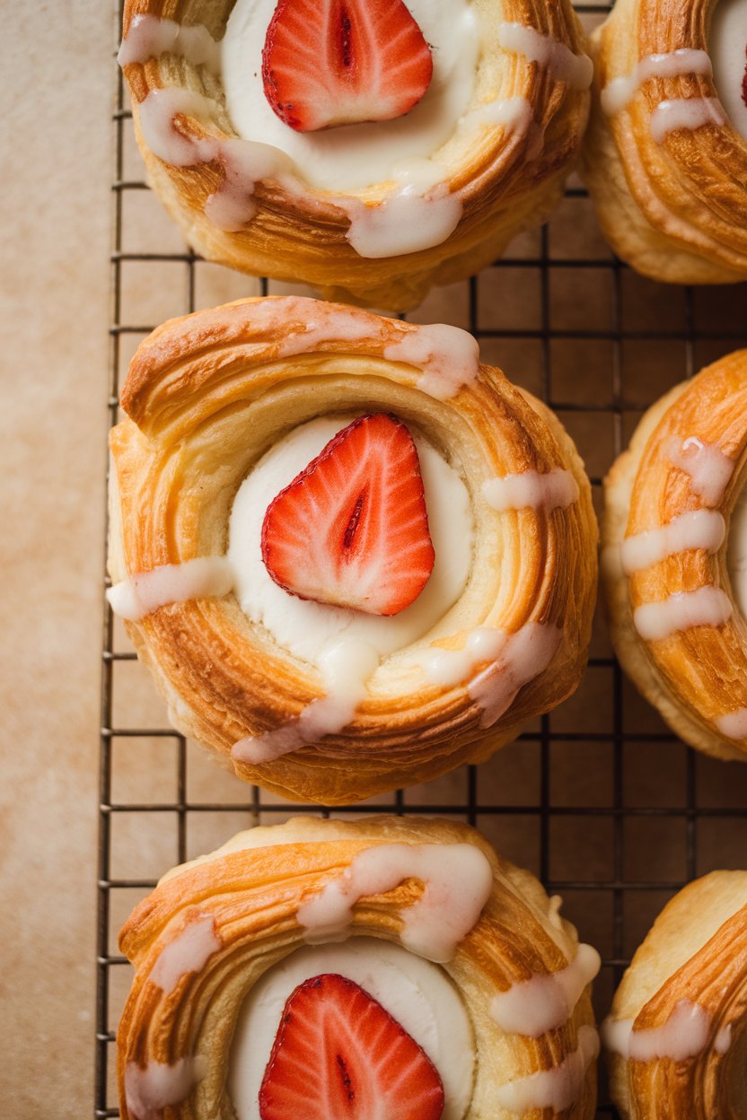 Indoor rack of puff pastry danishes with cream cheese centers and strawberry slices, no branding.