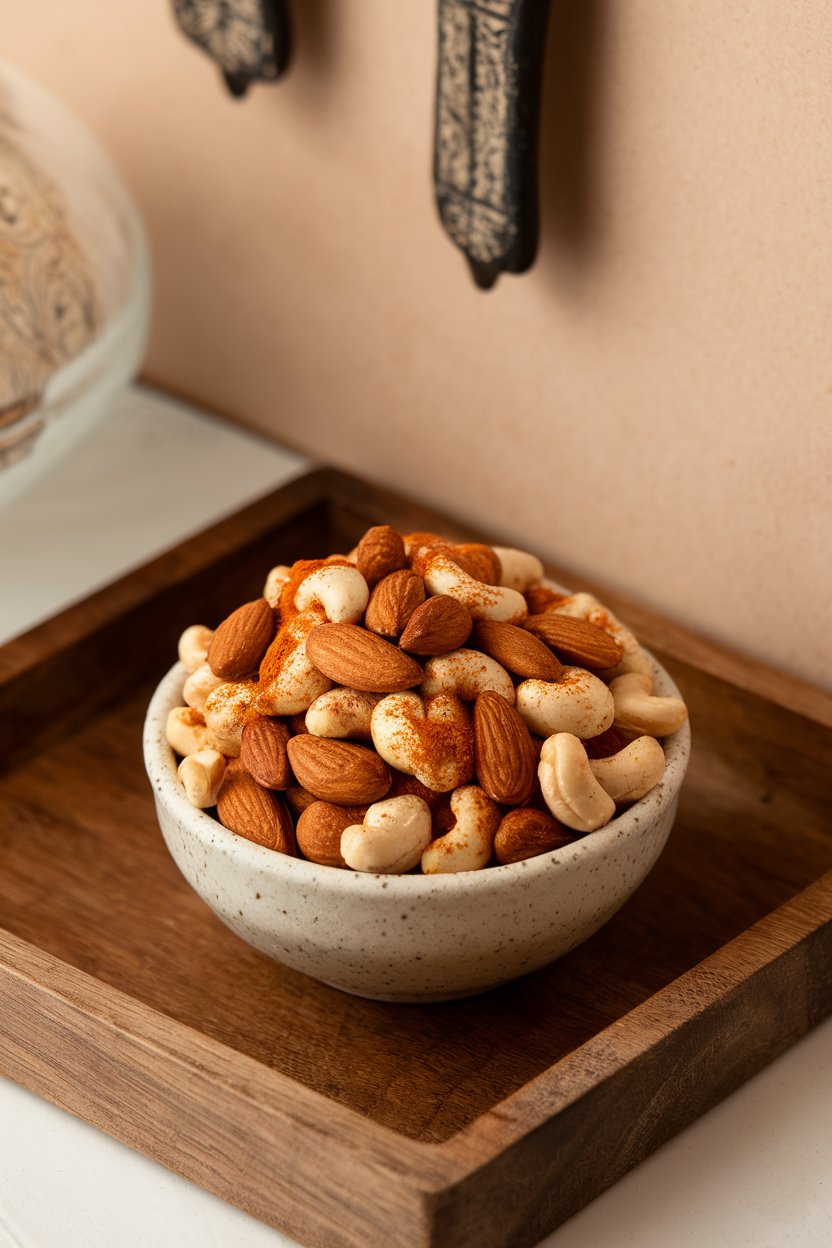 Indoor photo of a small bowl of mixed almonds and cashews coated in Indian masala spices, set on a wooden tray. No logos or text.