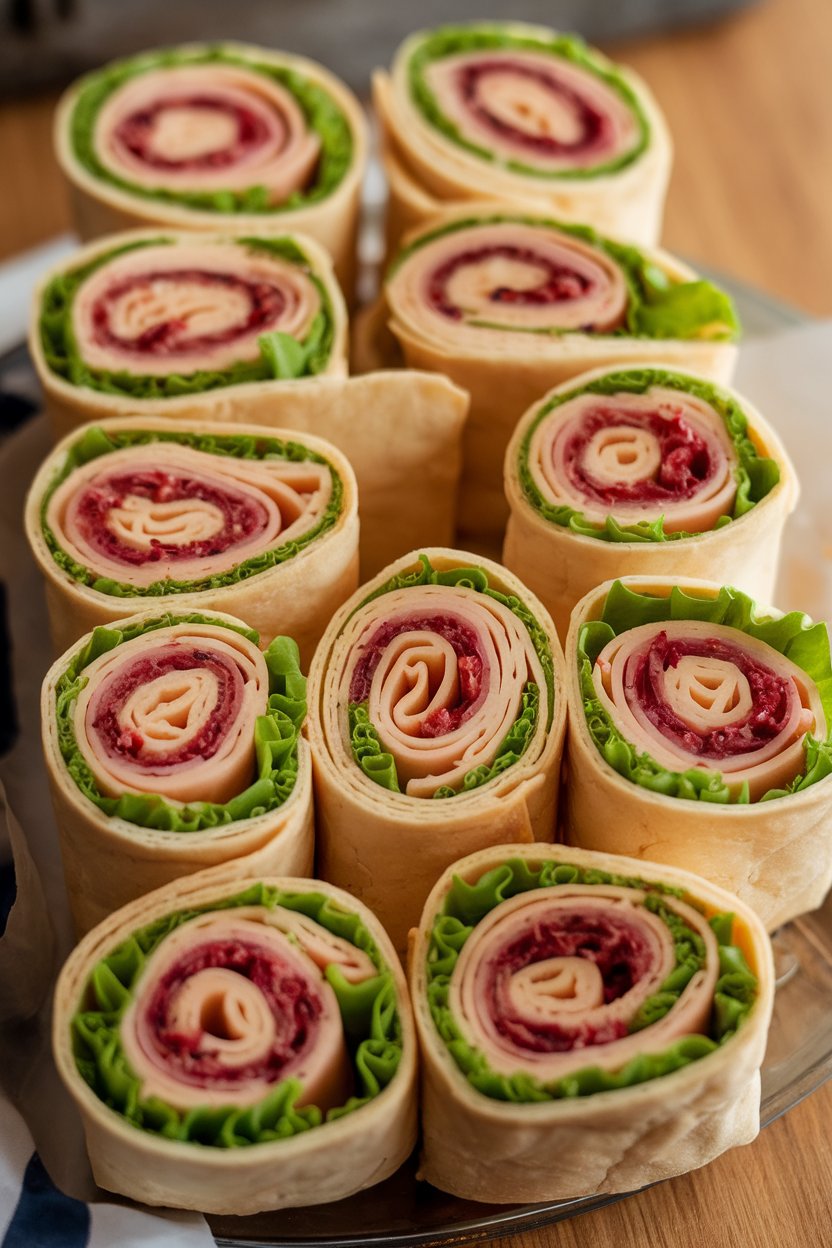 Indoor photo of tortilla pinwheels showing turkey, Swiss cheese, lettuce, and cranberry spread, neatly arranged on a platter; no text or logos