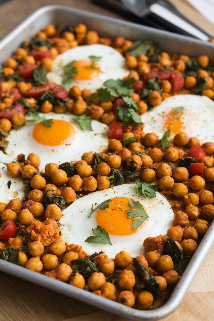 An indoor scene with a sheet pan of baked eggs nestled in spiced chickpeas, tomatoes, and spinach, finished with parsley. No text or logos.